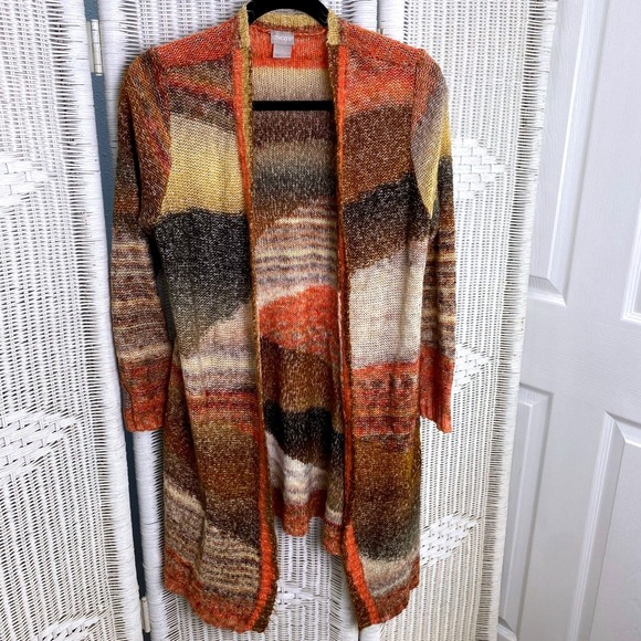 Chico's Sweaters - Chico's Brown Orange Ombre Knit Waterfall Cardigan Cotton Wool Boho‎ Autumn Sz 1